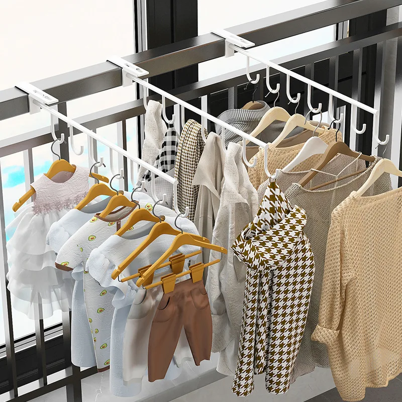 Hanging Clothes Rack with Hooks Punch Free Clothes Drying Rack Heavy Duty Clothes Storage Rod