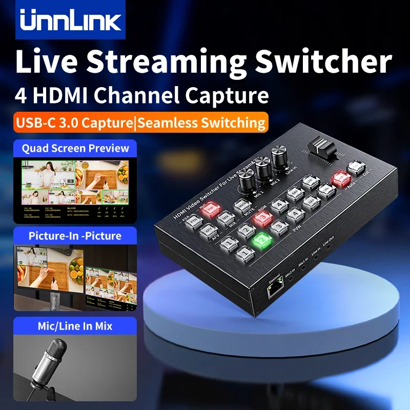 Unnlink Live-Streaming-Umschalter, 4 HDMI-Kanal-Videoaufnahmekarte, mehrere Kameramixer, nahtloser Schalter, PGM PVW PIP-Station