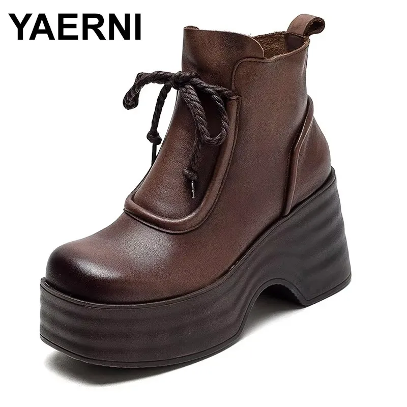 

2025 Genuine Leather Plush Warm Short Boots Winter New Vintage High Rise Thick Soled Women's Platform Shoes