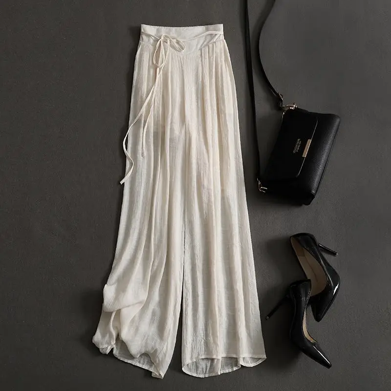 2026 High-end Cotton and Linen Flowing Pants, Summer Pleated Texture Pleated Draping Loose Fit Slimming Casual Wide-leg Skir