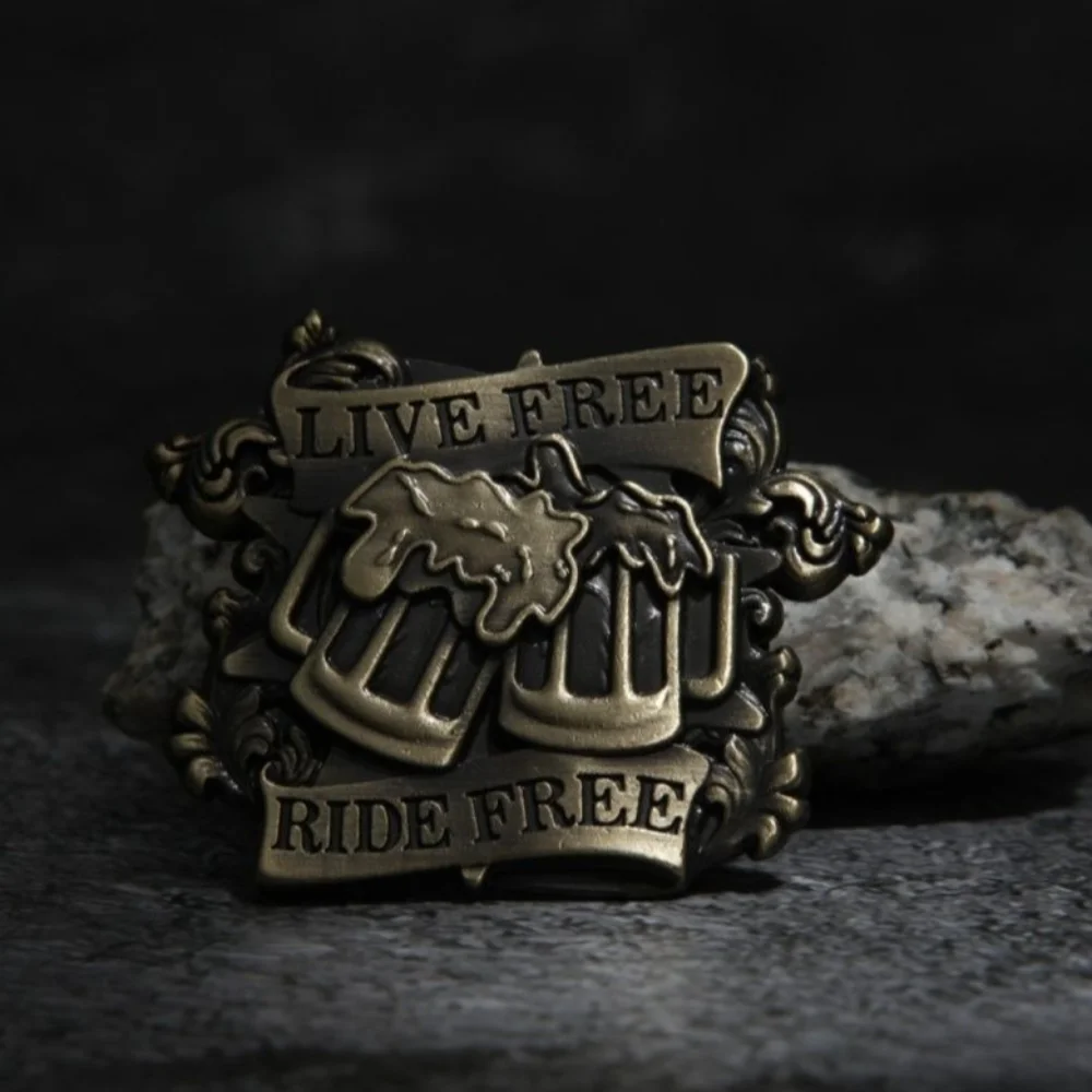 Vintage Bronze Beer Mug Biker Pin Live Free Ride Free Metal Brooch, Motorcycle Lapel Pin with Rubber Clutch Back