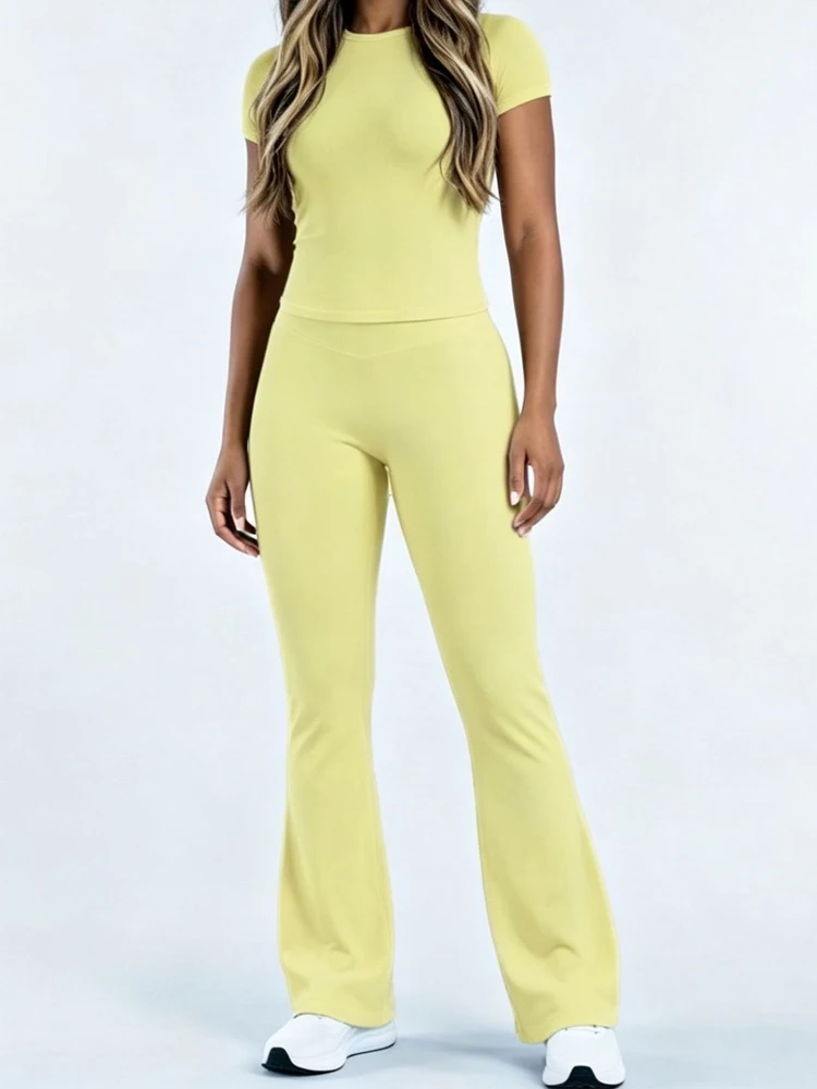 2-teiliger Sportanzug, kurzärmeliges, nahtloses Yoga-Oberteil, Damen-Fitness-Trainingshose mit Schlaghose, Gym-Set, Sporthose – Detail 11