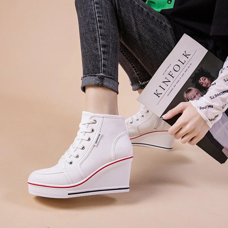 Lace Up Women Comfy Wedges High Heels Sporty Canvas Sneakers Bordered Denim  Height Increasing Maternal Women Shoes 35-43