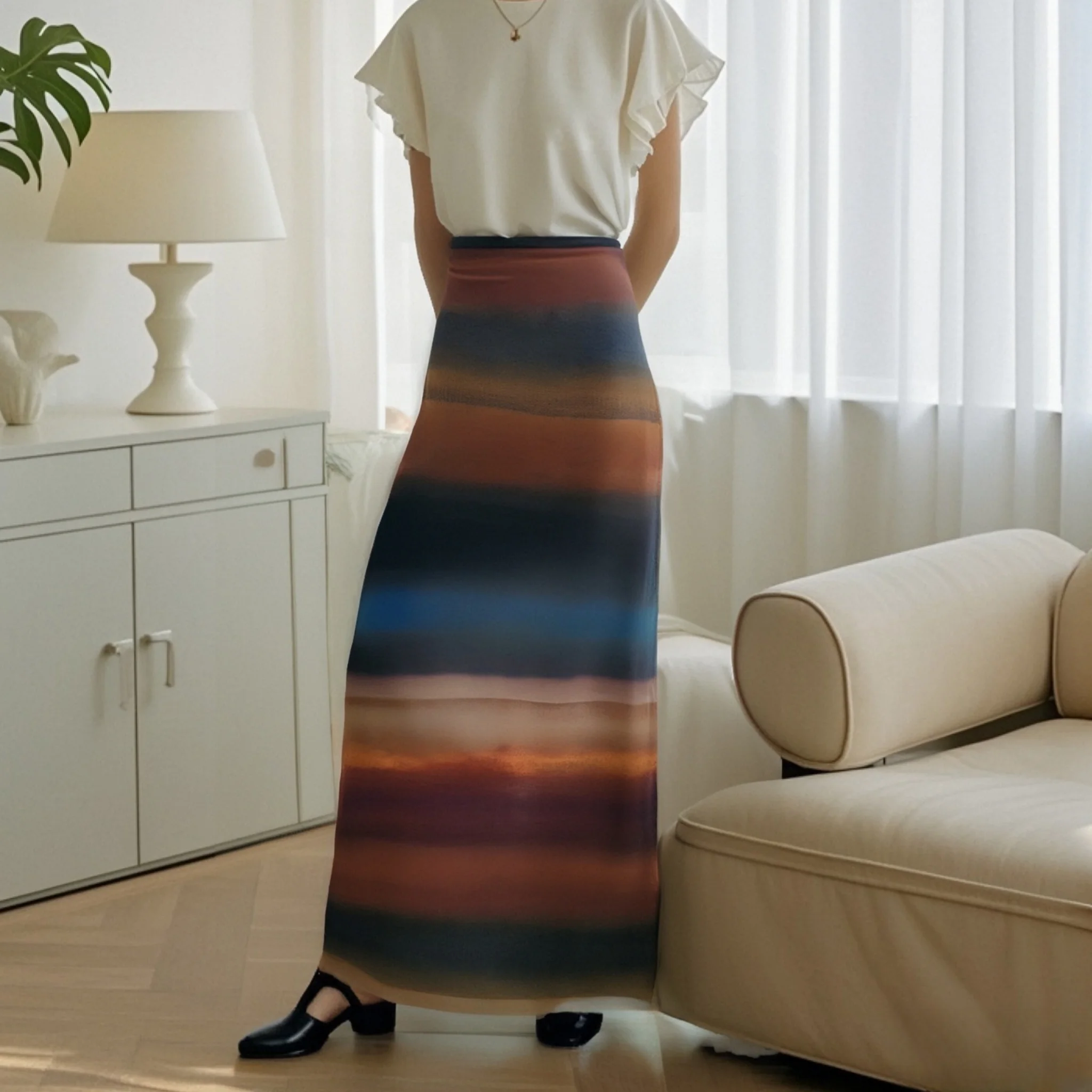 

Ladies High Waist Maxi Skirt with Ombre Striped Pattern for 2025 Perfect for Mixing and Matching in Daily and Party Outfits