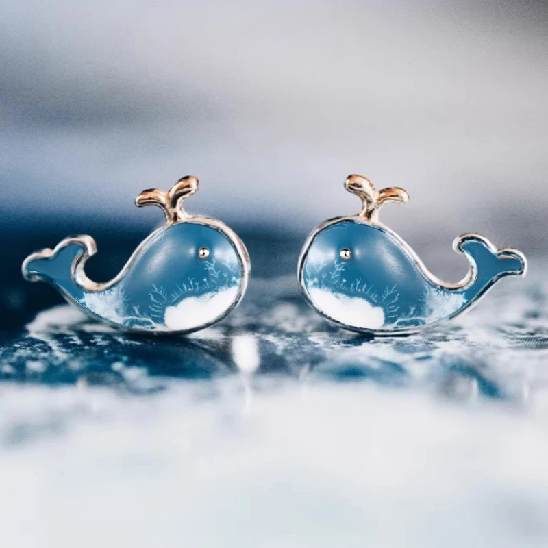 Huitan Women Cute Blue Dolphin Enamel Stud Earrings for Daily Party Fancy Metal Accessories Animal Fresh Style Jewelry Lady Gift