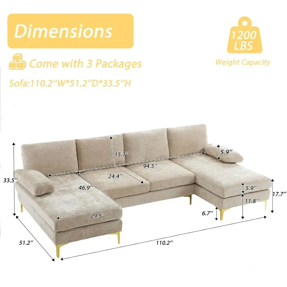 Umwandelbares Sofagarnitur, 110 Zoll, U-förmiges Sofa, Couch, 4-Sitzer-Couch mit Chaiselongue, Chenille-Stoff, gepolstert für das Wohnzimmer