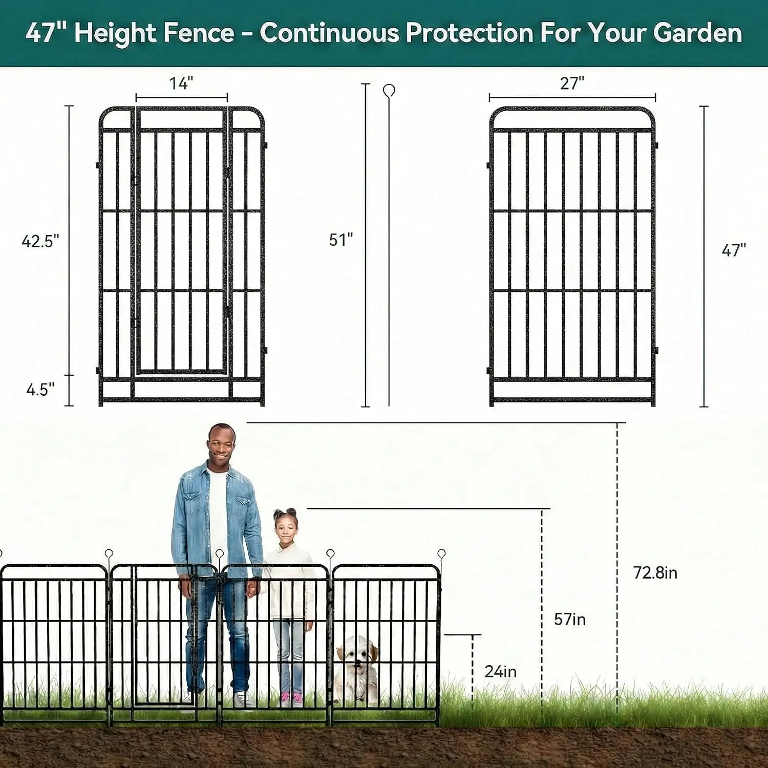 12 Panels No Dig Outdoor Garden Fence with Gate for Yard, 47 in X 27 ft | Rustproof Metal Coating-Strengthened Dog Fence