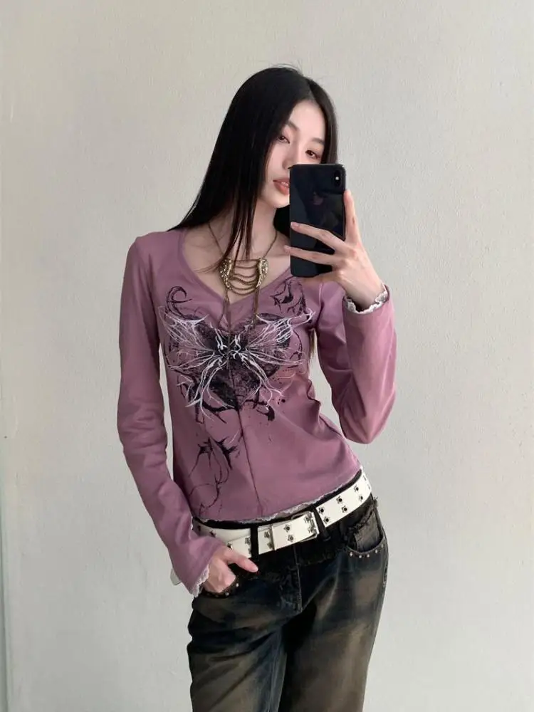 Genayooa Y2k Vintage T Shirt Women Long Sleeve Graffiti Print Tshirts Aesthetic Grunge Tops Streetwear E-girls Tee Tops 2000s