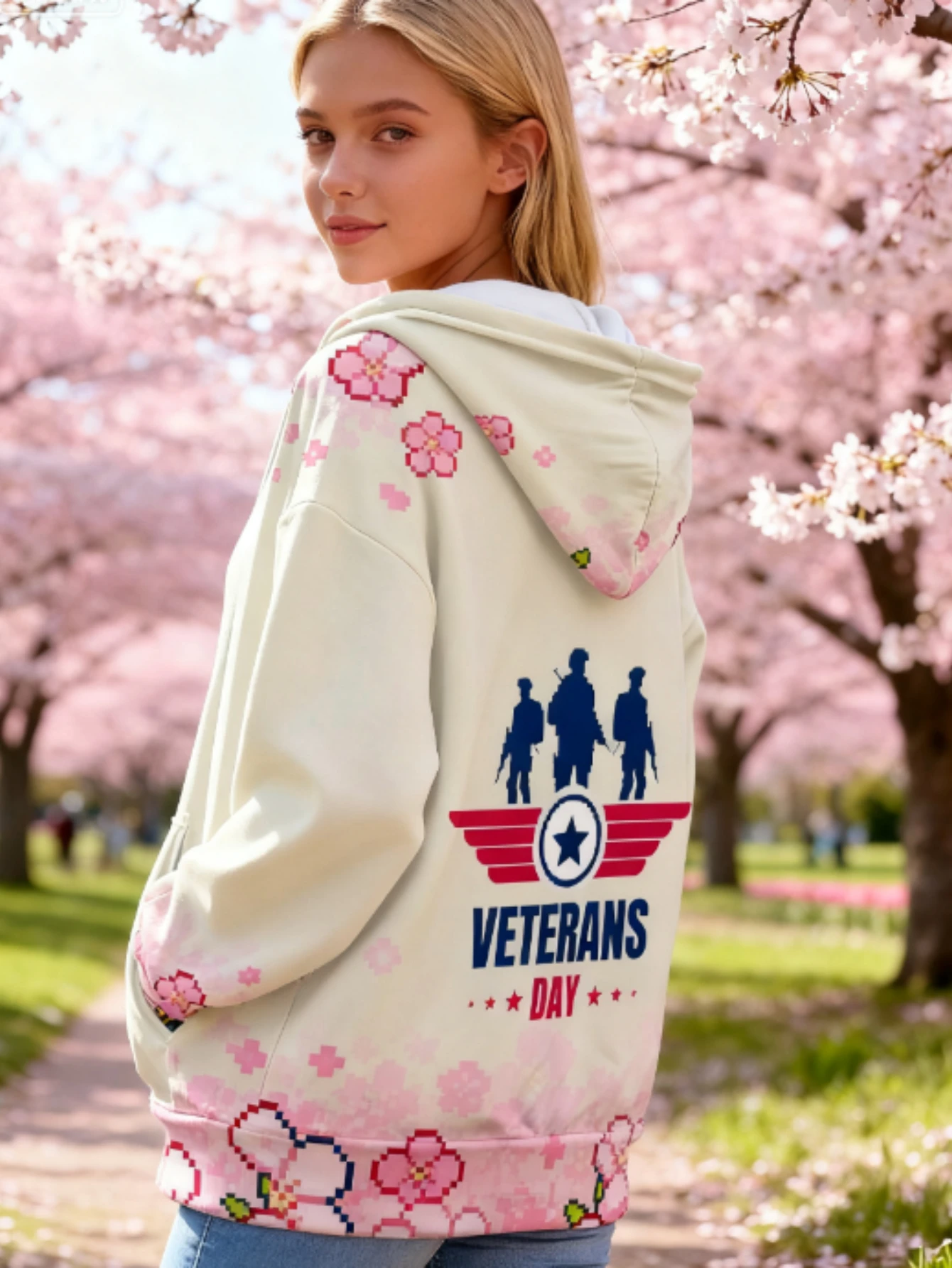 طباعة ثلاثية الأبعاد كاملة الطباعة بكسل الفن أزهار الكرز وجنود يوم المحاربين القدامى صورة ظلية شعار هوديي نمط: دمج إبداعي من Ame #3