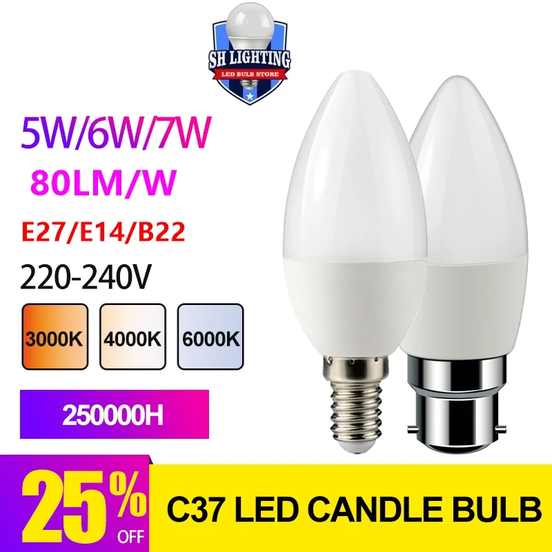 

1 Piece Led Candle Bulb C37 5w 6w 7w 3000k 4000k 6000k E14 B22 220v-240v For Home Decoration Led Lamp