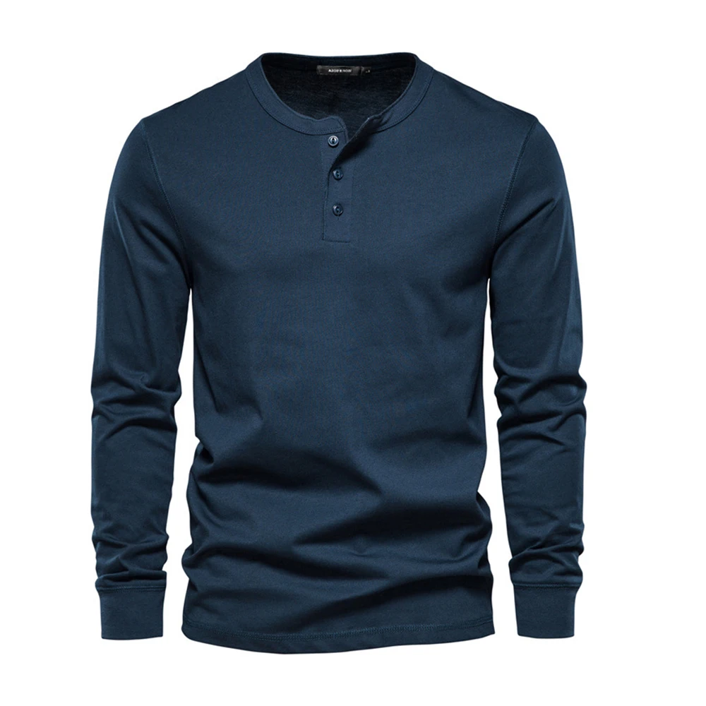 Camiseta con cuello Henley para hombre, camisa informal de manga larga de Color sólido, 100% algodón, de alta calidad, a la moda, otoño