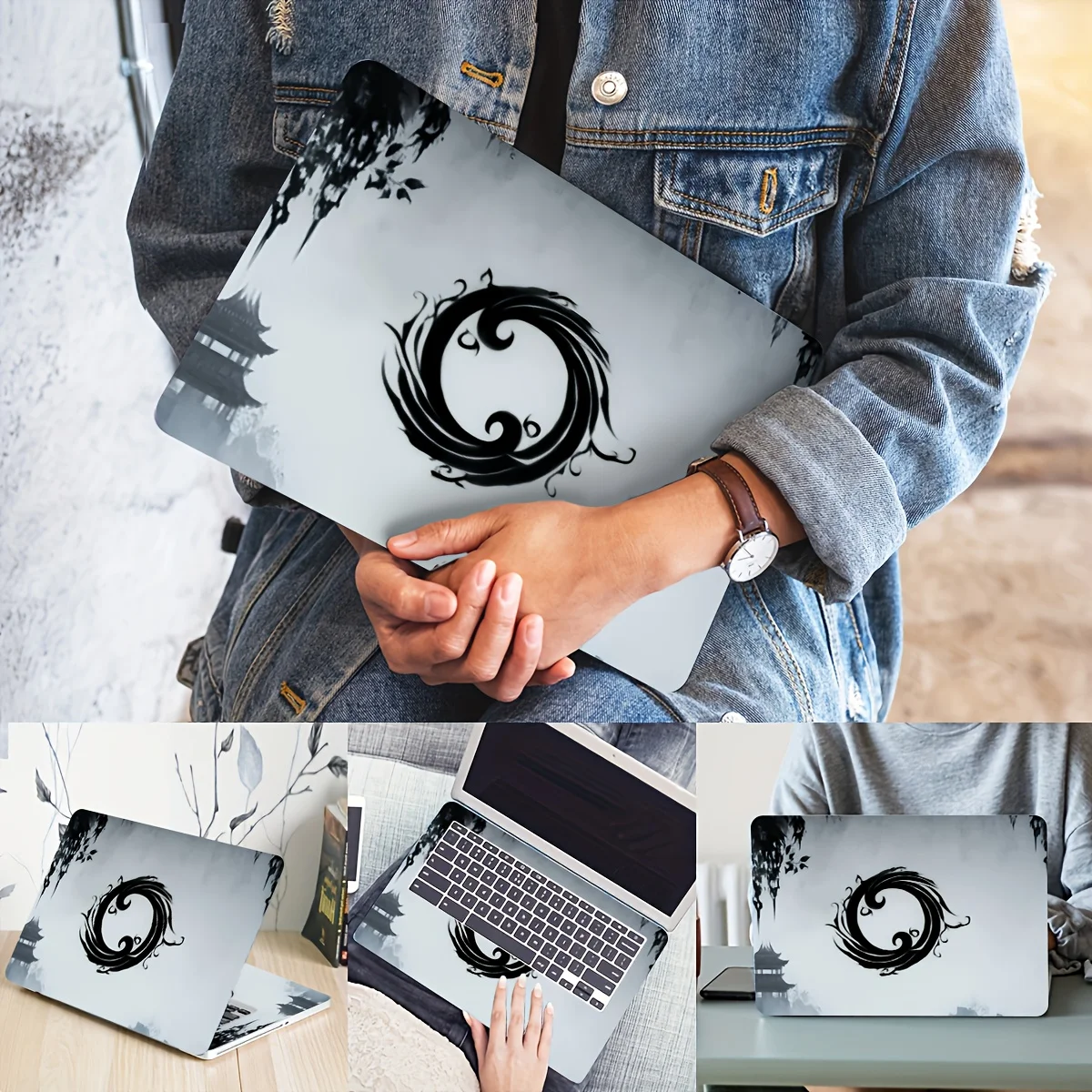 2-Piece Black Cloud Totem Waterproof Paint, Cartoon Design Self-Adhesive Laptop Decor, Easy to Apply and Remove, Semi-Glossy,