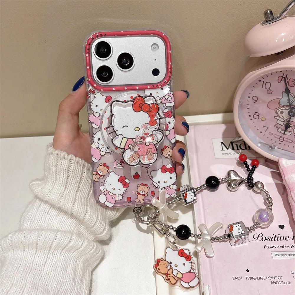 

Fashion Cute Pink Hellokitty Magnetic Phone Case For iPhone 17 16 Pro 13 14 15 Pro Max Cover with Shake Stand For Magsafe Cases