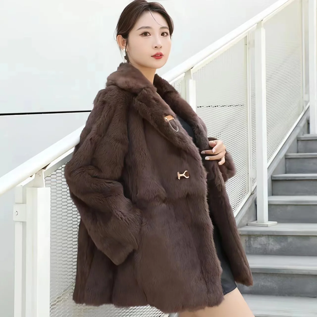 Women's Rex Rabbit Fur Coat, Loose Long Overcoat, Thick Warm Female Clothing, Winter Zipper Jacket, High Quality, New Fashion