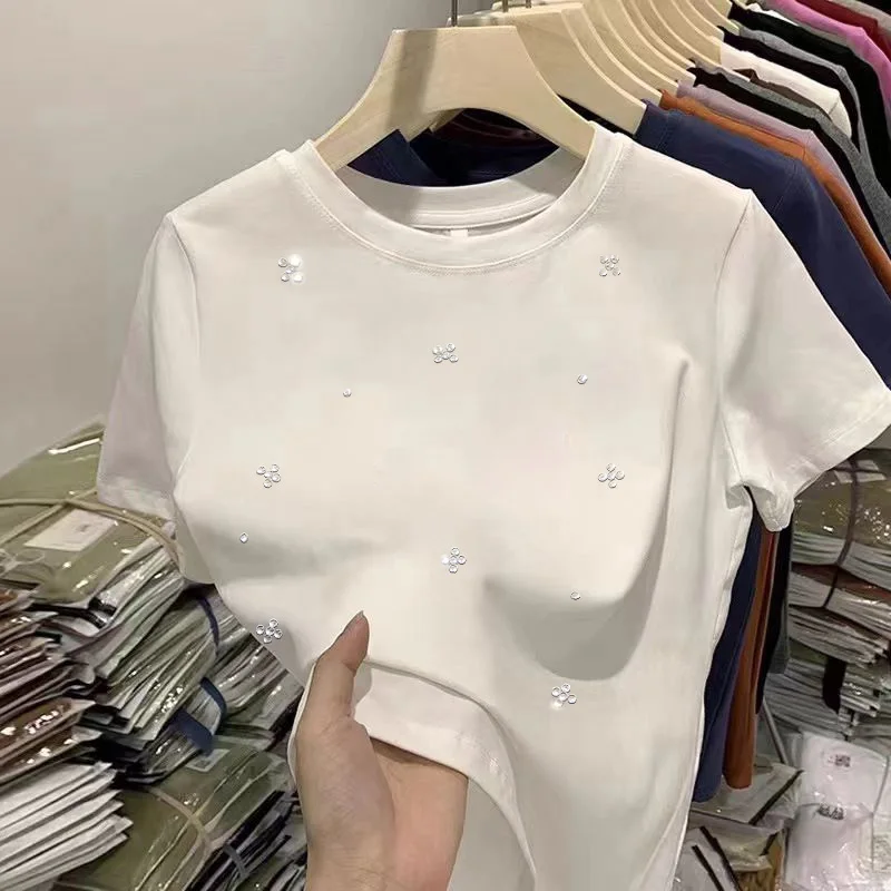 Zomer 2025, nieuwe Faion ronde Ne ort Sve dames T-shirt losse diamant bloemenontwerp veelzijdige casual comfortabele top