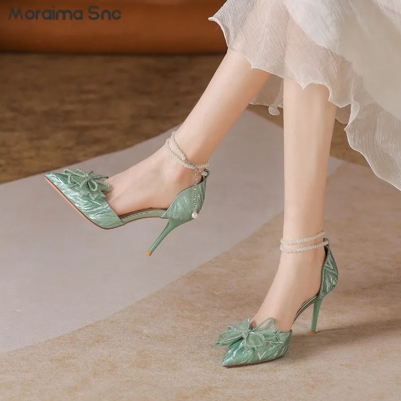 

Green Bowknot Hollow Two-Wear Pumps Pointed Toe Stiletto Pearl Chain Sexy Sandals Fashion Banquet Temperament High Heels