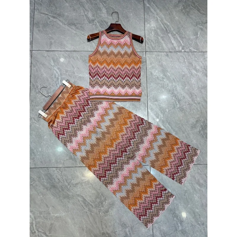 Striped Knit Series Pants Set for Women 2026 Summer New Metallic Print Vest + Straight Slim Fit Pants 2-Piece Set High-End view 3