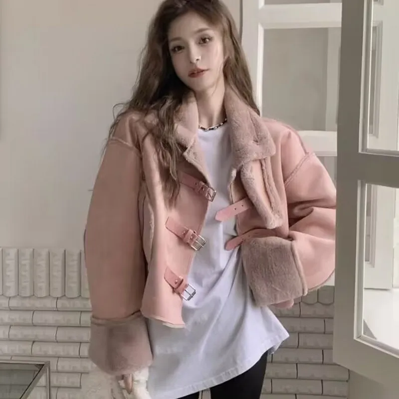 Autumn Winter Women Thick Warm PINK Faux Leather Shearling Short Jacket Ladies Vintage Coat Female Outerwear Chic Tops