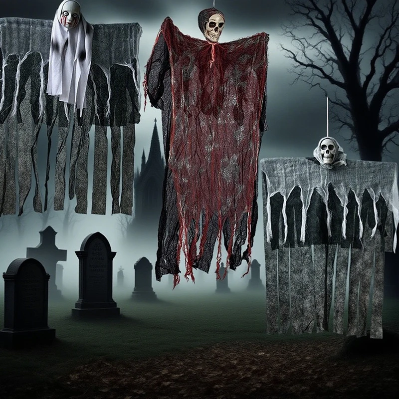 Decoración de Halloween: Fantasma Colgante de Gasa con Cara de Esqueleto, Colgante Aterrador para Decoración de Casa Encantada, Accesorios de Calaveras para Patio y Porche