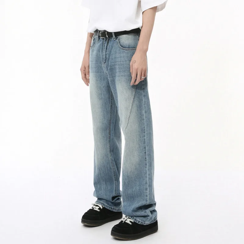 High Street Men's Washed Denim Pants Fashion Autumn Male Straight Loose Trousers New Stylish 2024 Menwear