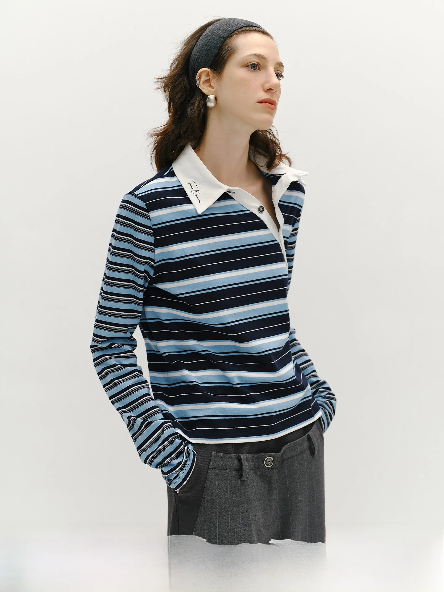 

Футболка TearOcean синяя в полоску, длинный рукав, из чистого хлопка, приталенная, женская, осенняя, базовая, повседневная, классическая