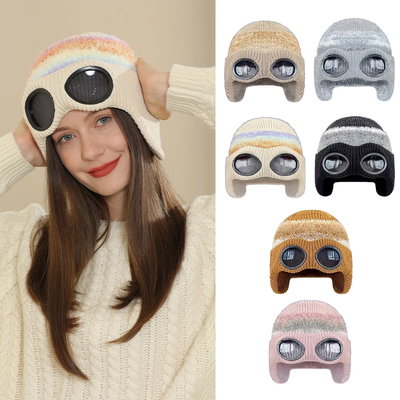 Unisex Fleece Ski Caps Beanie Winter Hat With Goggles Knit Warm Wool Hats Snow Ski Skull Outdoor Cap