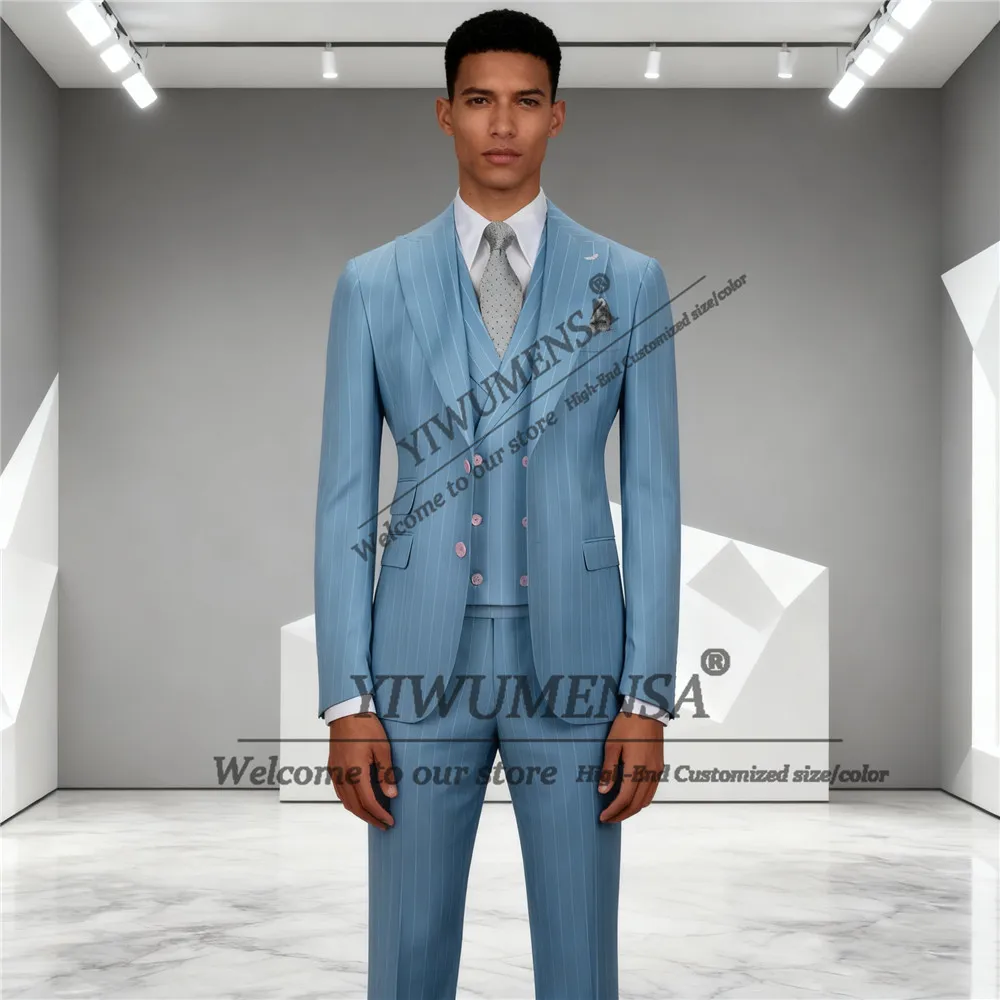 

Мужские костюмы в британском стиле в синюю полоску с остроконечными лацканами, смокинги для жениха, комплект из 2 предметов, классические мужские пиджаки, приталенные, Ropa Hombre, по индивидуальному заказу 2026