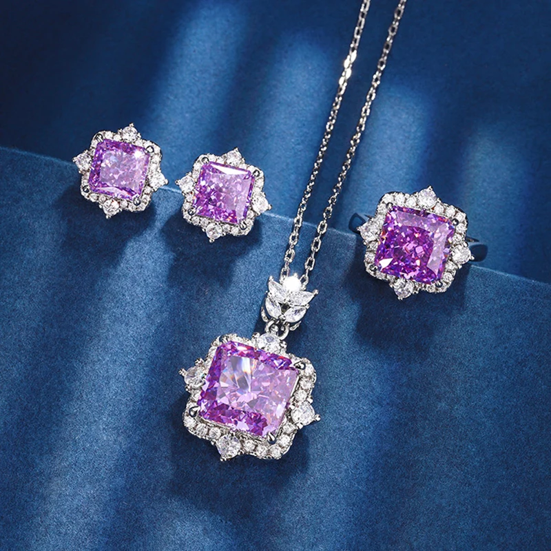 EYIKA Vintage Dubai Bridal Wedding Fine Jewelry Set Luxury Crushed Ice Cut CZ Red Purple Pink Stone Flower Necklace Ring Earring