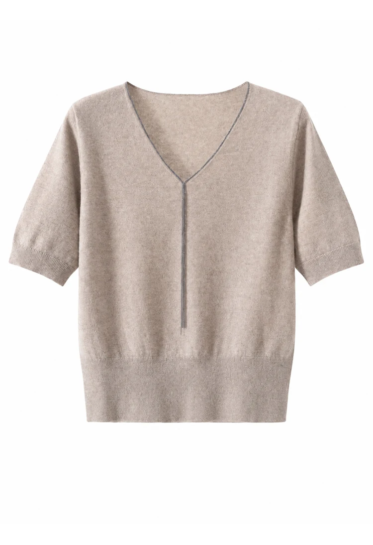 BD3621750 Damen-Pullover aus 100% Kaschmir mit V-Ausschnitt, kurzen Ärmeln, hängendem Kettendetail, weich, dezenter Luxus, elegant, für den frühen Herbst. – Detail 16