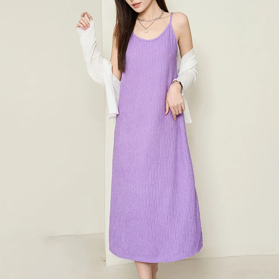 

2025 Womens Suspenders Dress Pleated Texture Fashion Casual Long Skirt Sleeveless Solid Color All Seasons Daily Dress