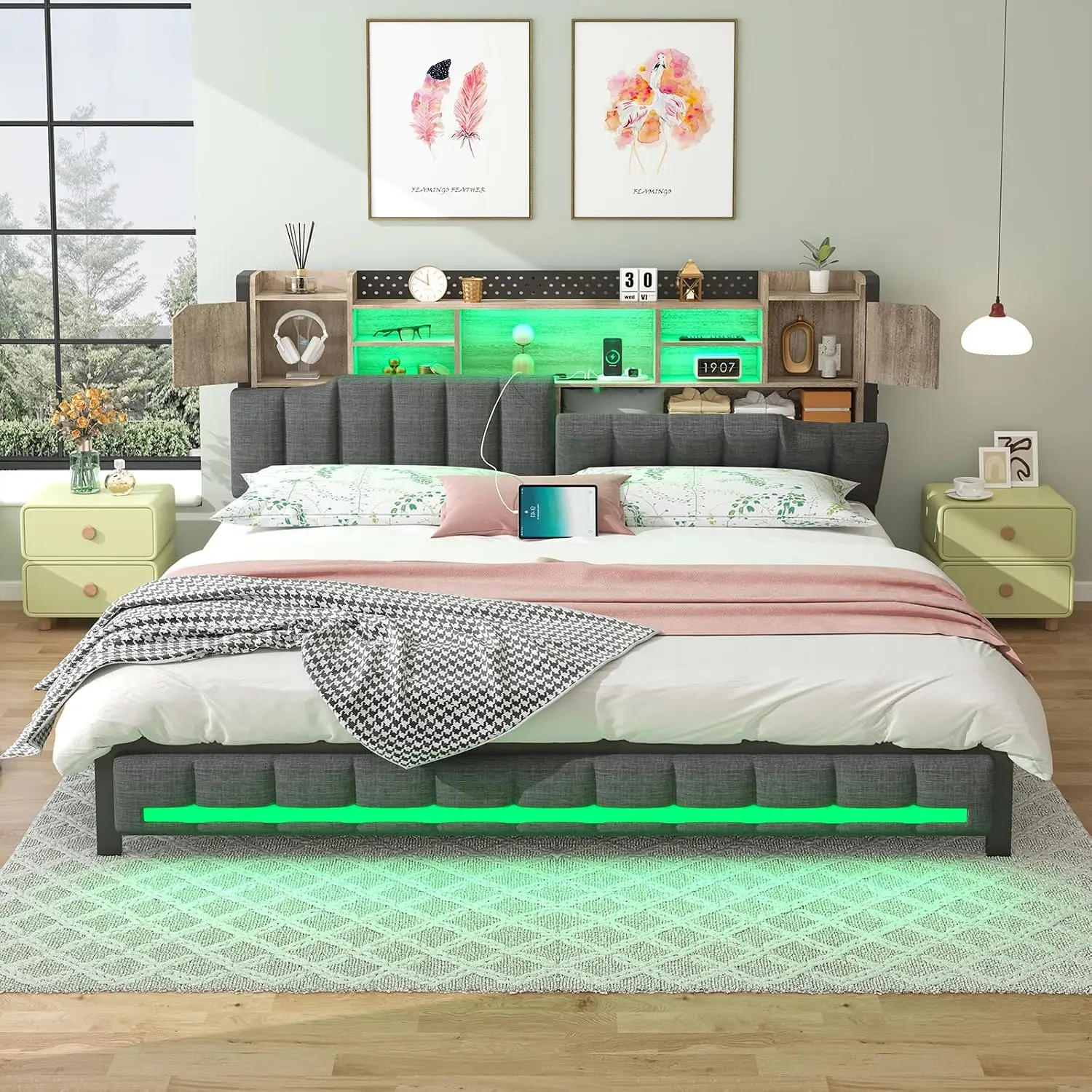 King Size Bed Frame and Bookcase Storage Headboard, LED Upholstered Platform Bed Frame with USB Charging Station, Customized