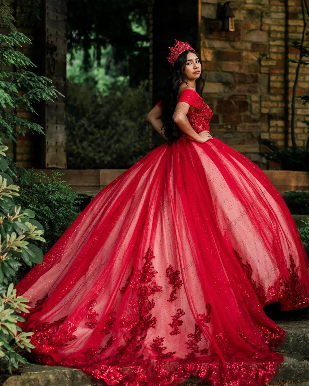 فساتين Quinceanera مزينة بالدانتيل الأحمر للفتيات ، مكشوفة الكتفين ، فستان حفلة الأميرة الحلو ، فستان الأميرة المكسيكية