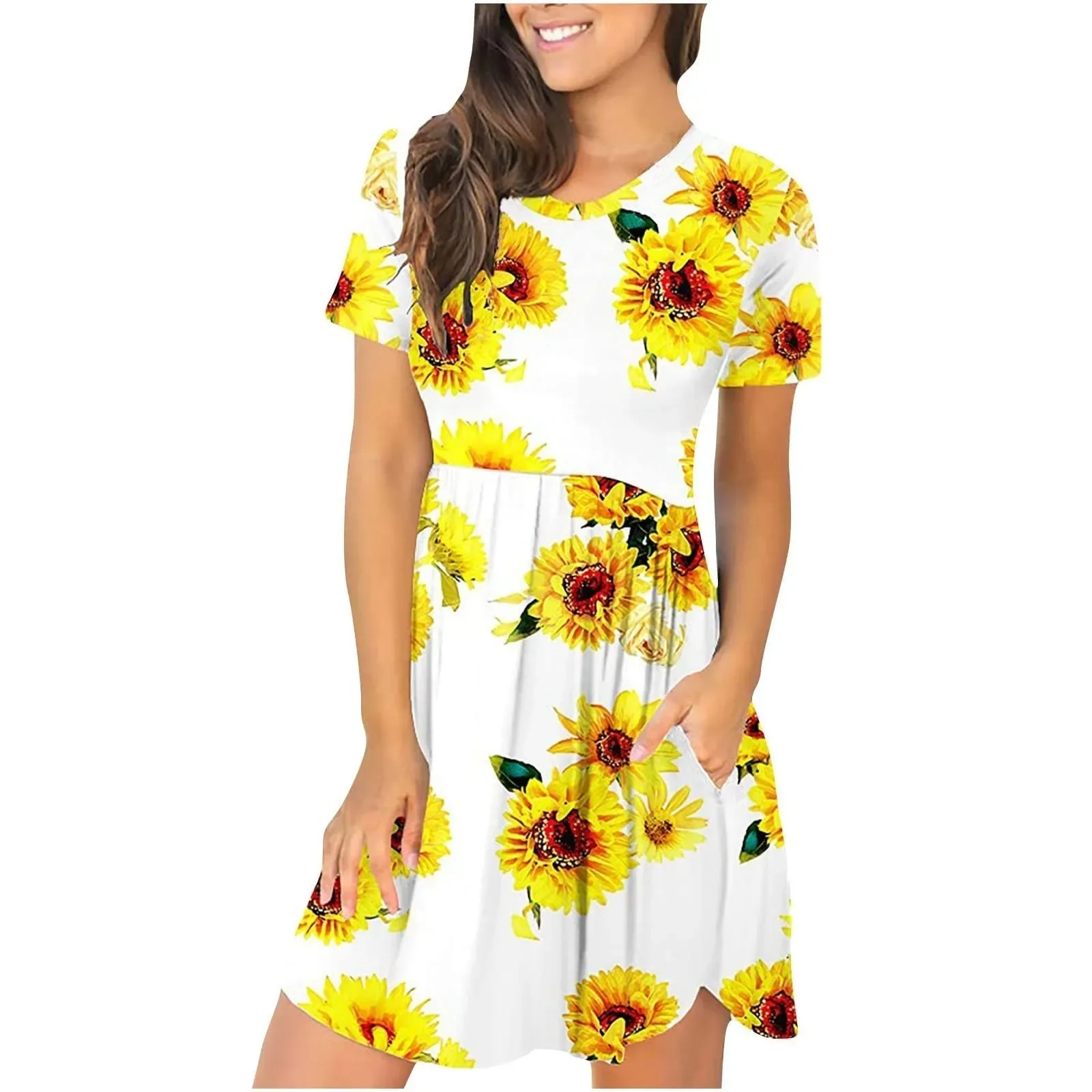 Robe d'été à manches courtes et col rond pour femmes, imprimé floral bohème, coupe unie, t-shirt, robes pour femmes, 2023