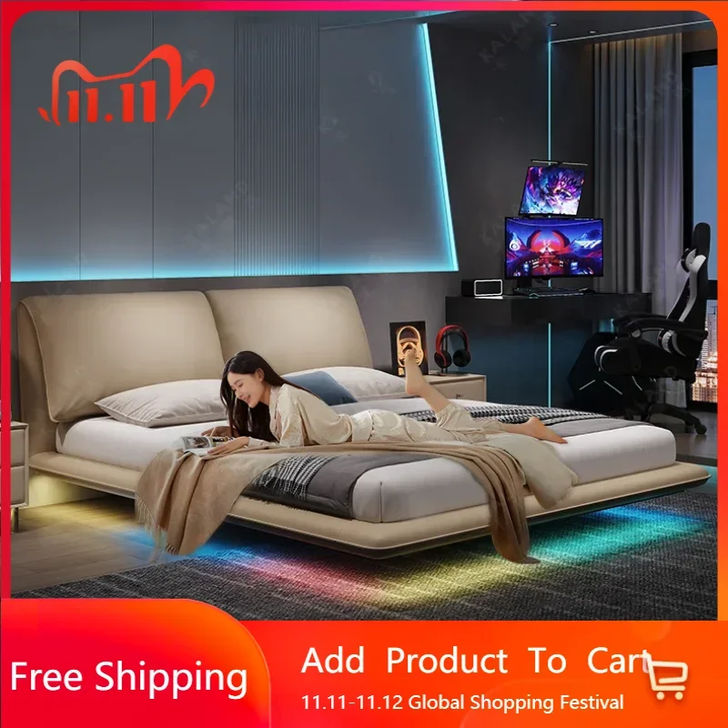 

Postmodern Pretty Modern Double Bed Frame Led Lights Luxury Comferter Bed King Size Luxury Letto Matrimoniale Unique Furniture