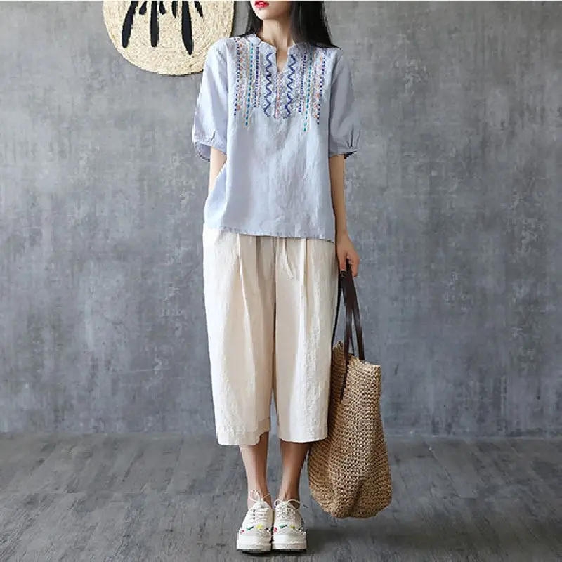 2023 Summer Simple Vintage V-neck Short Sleeve T-shirt Women Elegant Embroidered Cotton Hemp Temperament Pullovers Loose Tops