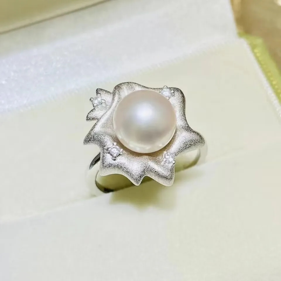 Meibapj 9-10Mm Natuurlijke Ronde Parel Mode Bloem Ring Echt 925 Zilver Lege Houder Fijne Bruiloft Sieraden Voor Vrouwen