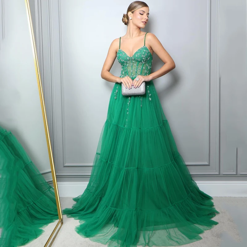 

Thinyfull Green A-Line Prom Dresses Spaghetti Straps Applique Evening Dress Princess Saudi Arabia Cocktail Party Gowns Plus Size