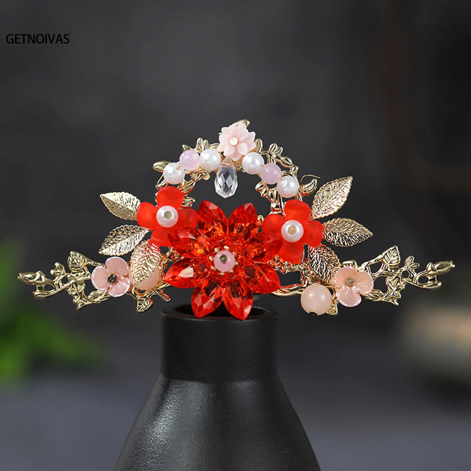 Chinese Hair Sticks Tiaras Headpiece Women Pearl Tassel Red Flower Hairpins Forks Vintage Hanfu Wedding Hair Accessories Jewelry