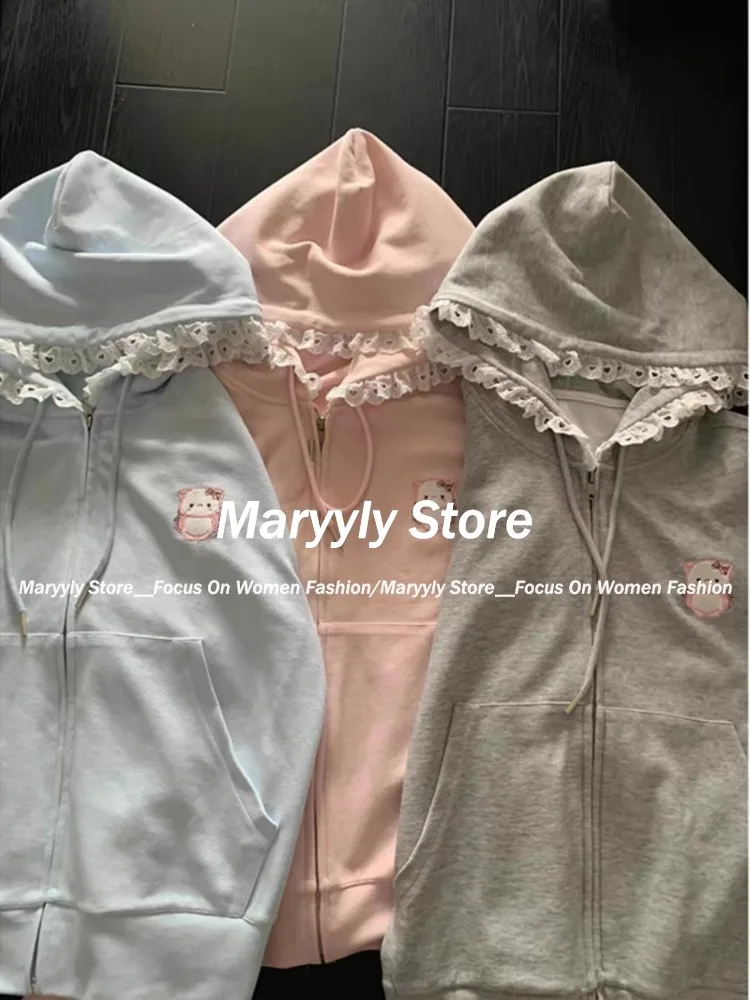 Autumn Japanese Sweet Cute Loose Hoodie Women Kawaii Design Lace Embroidery Coat Female Solid Thin Long Sleeve Zipper Cardigan