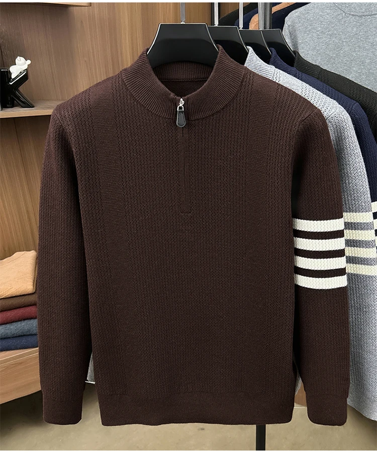 Hochwertige Reißverschluss Kragen Pullover Männer Neue Trend Persönlichkeit Streifen Zipper Herbst Winter Komfort Warm Stricken Sweater – Detail 10