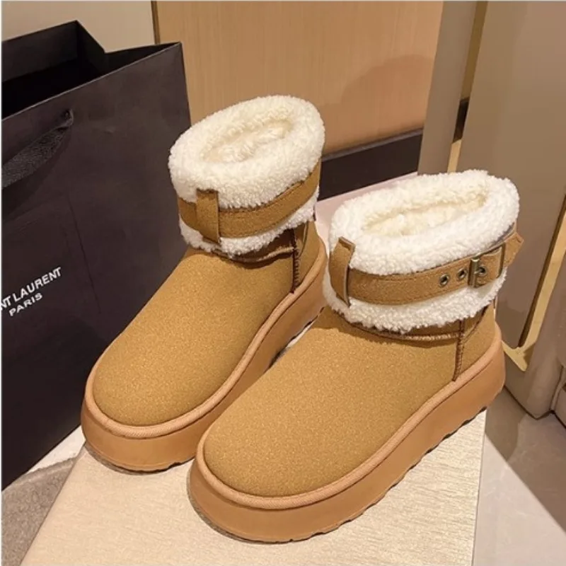 Hot Sales Thick-soled Female 2023 Female Winter New Lamb Wool and Cashmere Thickening Increase Short Cotton Boots Female