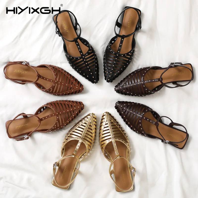 

Retro Women's Sandals 2026 Summer New Fashion Rivet Women Shoes Casual Flat Sandals Hollow Roman Sandals Босоножки Женские