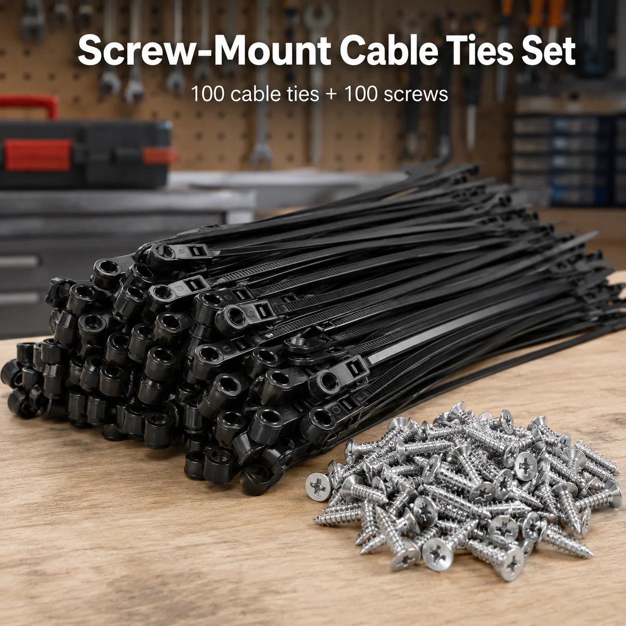 100Pcs Screw Mount Cable Ties + 100Pcs M4 Screws, 5×200mm Nylon 66 UV Resistant Self-Locking Zip Ties for Wire, Cable & Hose Org
