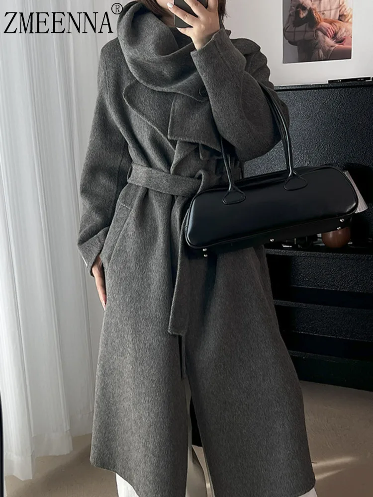 ZMEENNA レディース ロング ウール ブレンド コート ハイ カウルネックとタイベルト付き 暖かい冬用アウター ミニマリスト グレー ZM4385