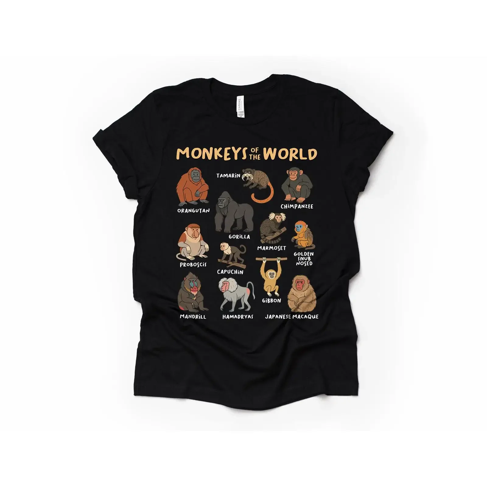 Monkeys of the World Educational T Shirt Funny Primate Species Animal Lover Casual for Adults Kids vintage Washed Stretched