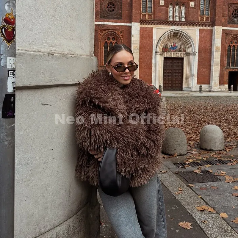 Neo Mint 2025 Winter Lulicore Fashion Brown Faux Fur Coat Women Chic Autumn Warm Fluffy Sheep Fur Jacket Big Fur Collar Overcoat