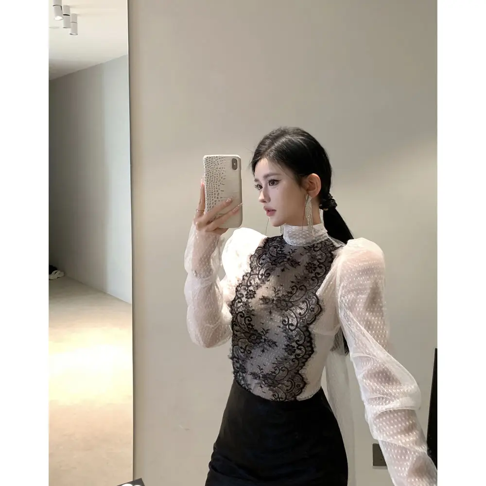 

Korejepo French Heavy Industry Perspective Gauze Lace Shirt Women Temperament Bow Strap Contrasting Color Slim Long Sleeved Top