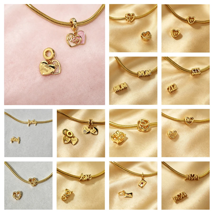 New Golden Charms DIY Jewelry Gifts Handwritten Love & Mom Double Heart Split Family Hearts Beads Fit Original Snake Bracelets