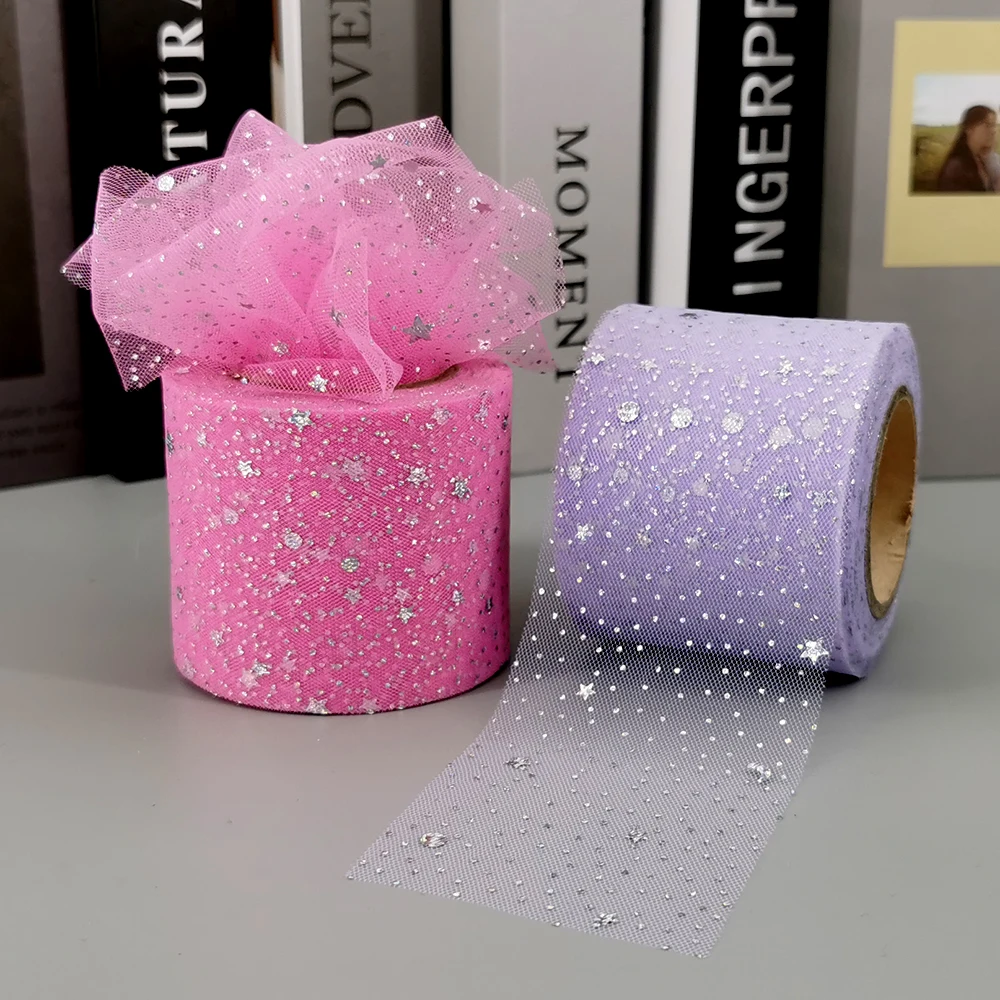 6cm 25yards Tulle Rolls Silver Star Moon Organza Ribbon Film Night Sky Mesh Tape for Hairbows Fairy Doll Skirts DIY Materials