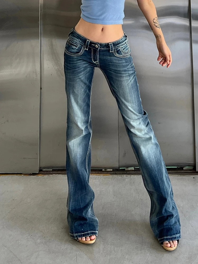 Celana Jeans Wanita Model Retro Amerika Ukuran Besar, Pinggang Rendah, Model Bell Bottom, Musim Semi Gugur, Lurus, Longgar, Meniruskan, Elastis, Panjang Menyentuh Lantai